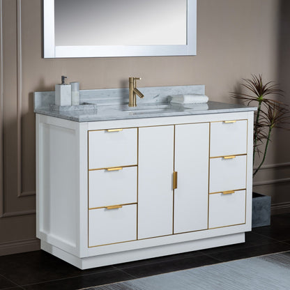 Woodbridge Venice 48" White and Gold Trim Solid Wood Vanity Base and Carrara Marble Top With Pre-Drilled Single Hole Faucet