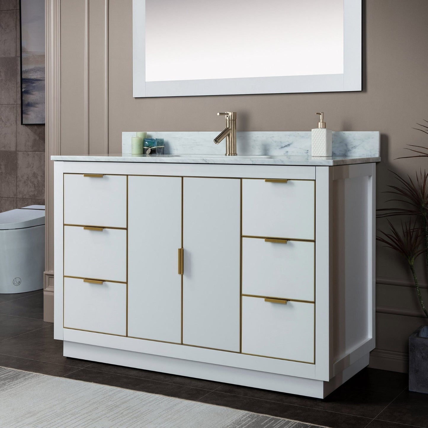 Woodbridge Venice 48" White and Gold Trim Solid Wood Vanity Base and Carrara Marble Top With Pre-Drilled Single Hole Faucet