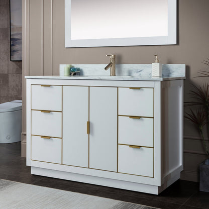 Woodbridge Venice 48" White and Gold Trim Solid Wood Vanity Base and Carrara Marble Top With Pre-Drilled Single Hole Faucet