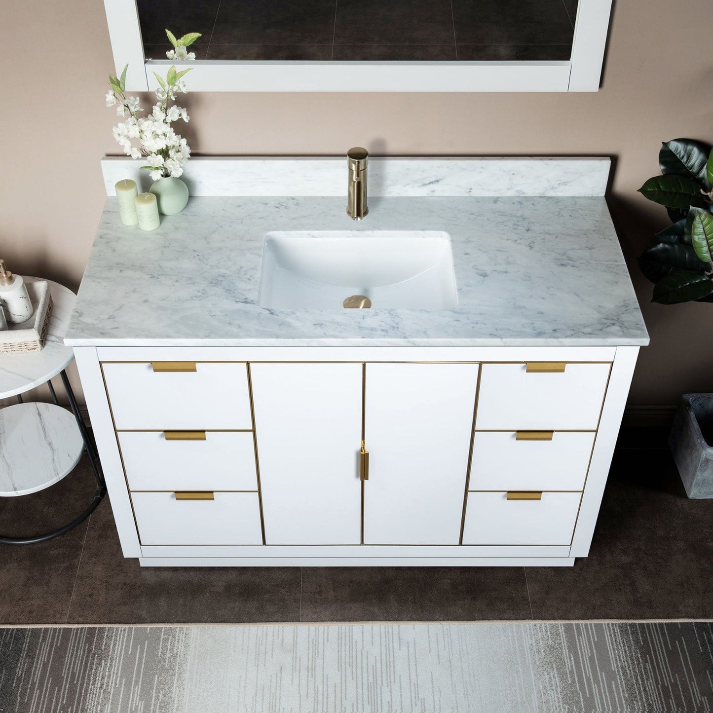 Woodbridge Venice 48" White and Gold Trim Solid Wood Vanity Base and Carrara Marble Top With Pre-Drilled Single Hole Faucet