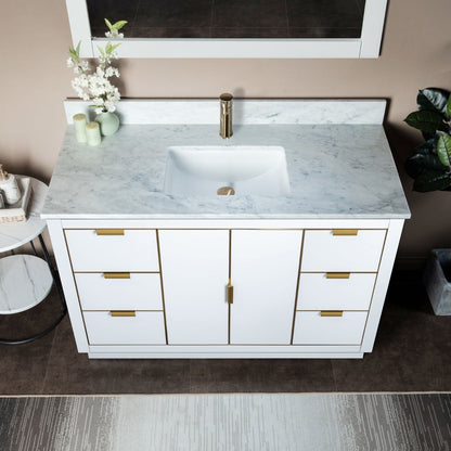 Woodbridge Venice 48" White and Gold Trim Solid Wood Vanity Base and Carrara Marble Top With Pre-Drilled Single Hole Faucet
