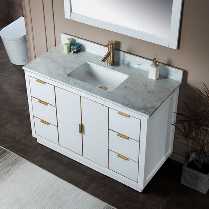 Woodbridge Venice 48" White and Gold Trim Solid Wood Vanity Base and Carrara Marble Top With Pre-Drilled Single Hole Faucet