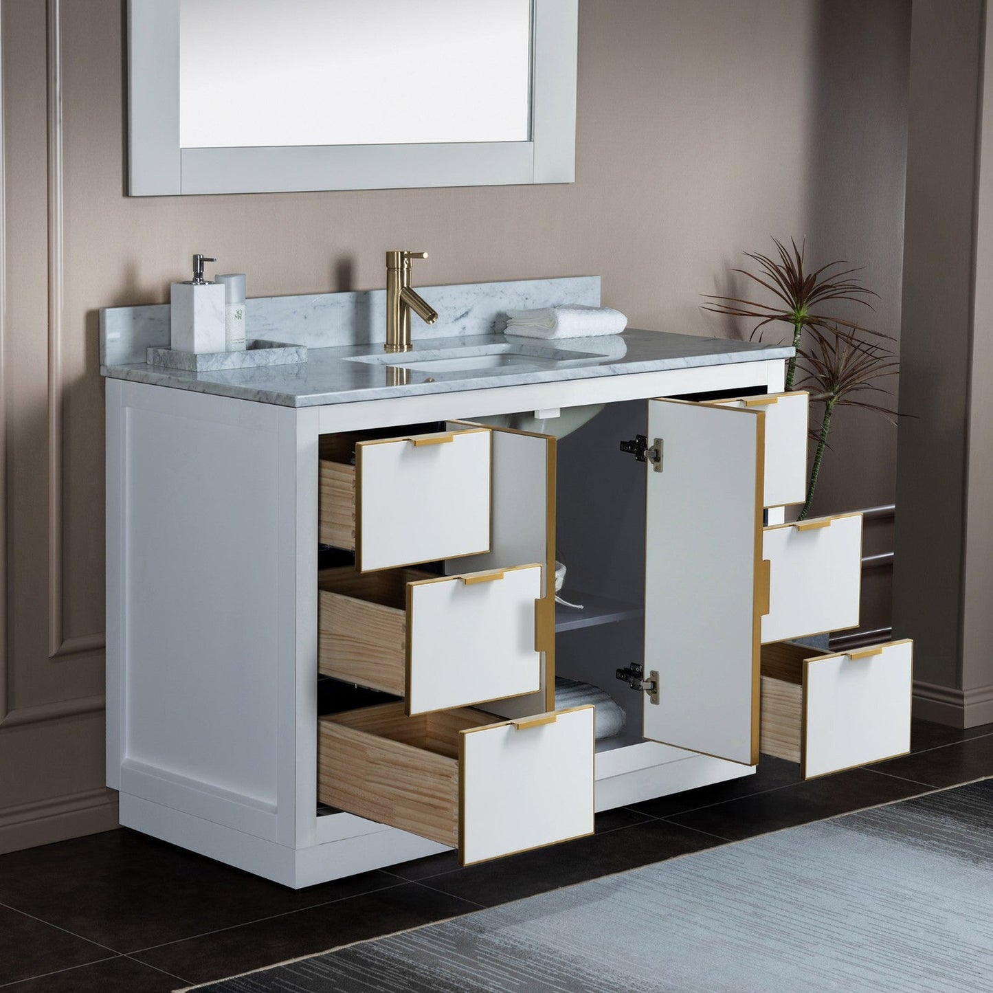 Woodbridge Venice 48" White and Gold Trim Solid Wood Vanity Base and Carrara Marble Top With Pre-Drilled Single Hole Faucet