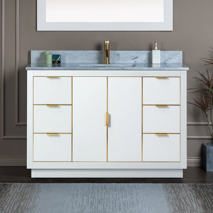 Woodbridge Venice 48" White and Gold Trim Solid Wood Vanity Base and Carrara Marble Top With Pre-Drilled Single Hole Faucet