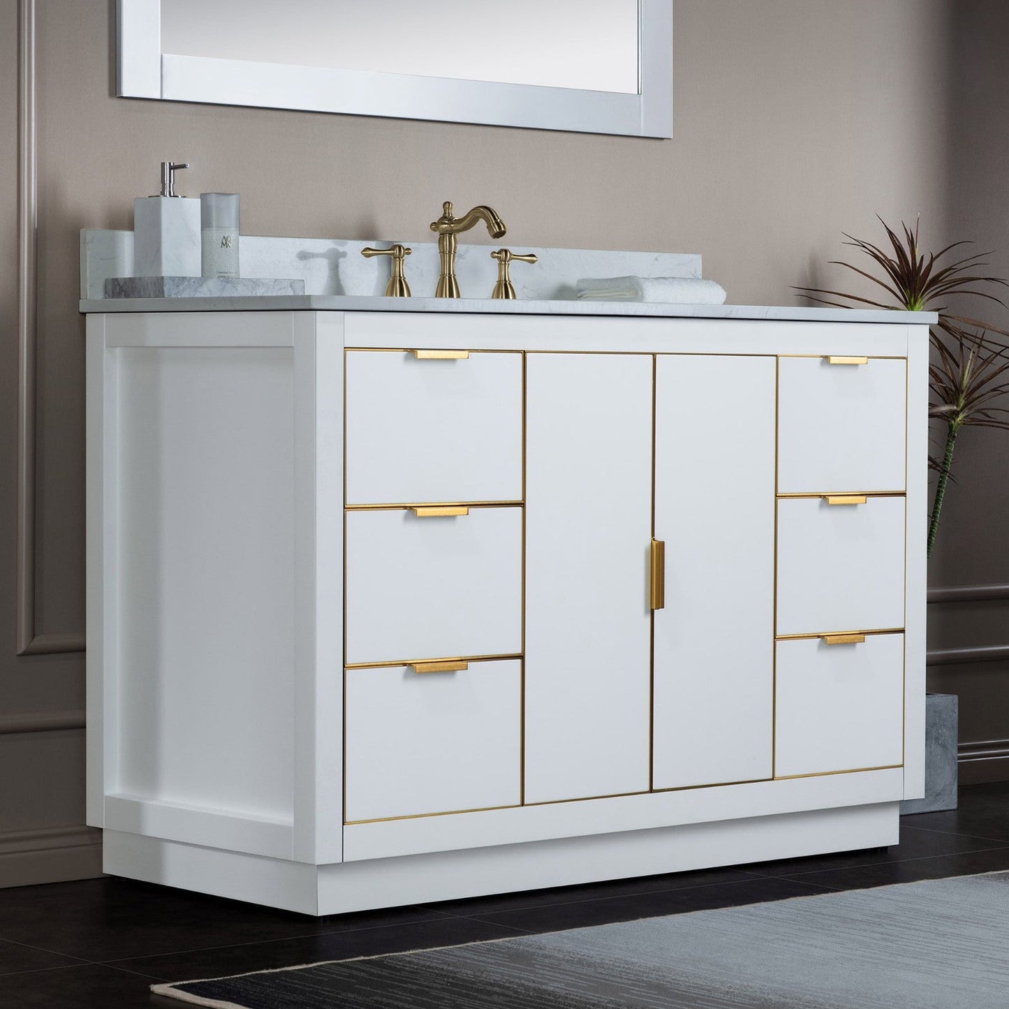 Woodbridge Venice 48" White and Gold Trim Solid Wood Vanity Base and Carrara White Engineered Stone Top With 3 Pre-drilled Holes for 8" Widespread Faucet