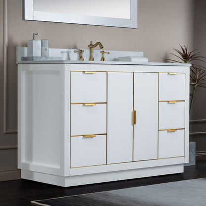 Woodbridge Venice 48" White and Gold Trim Solid Wood Vanity Base and Carrara White Engineered Stone Top With 3 Pre-drilled Holes for 8" Widespread Faucet