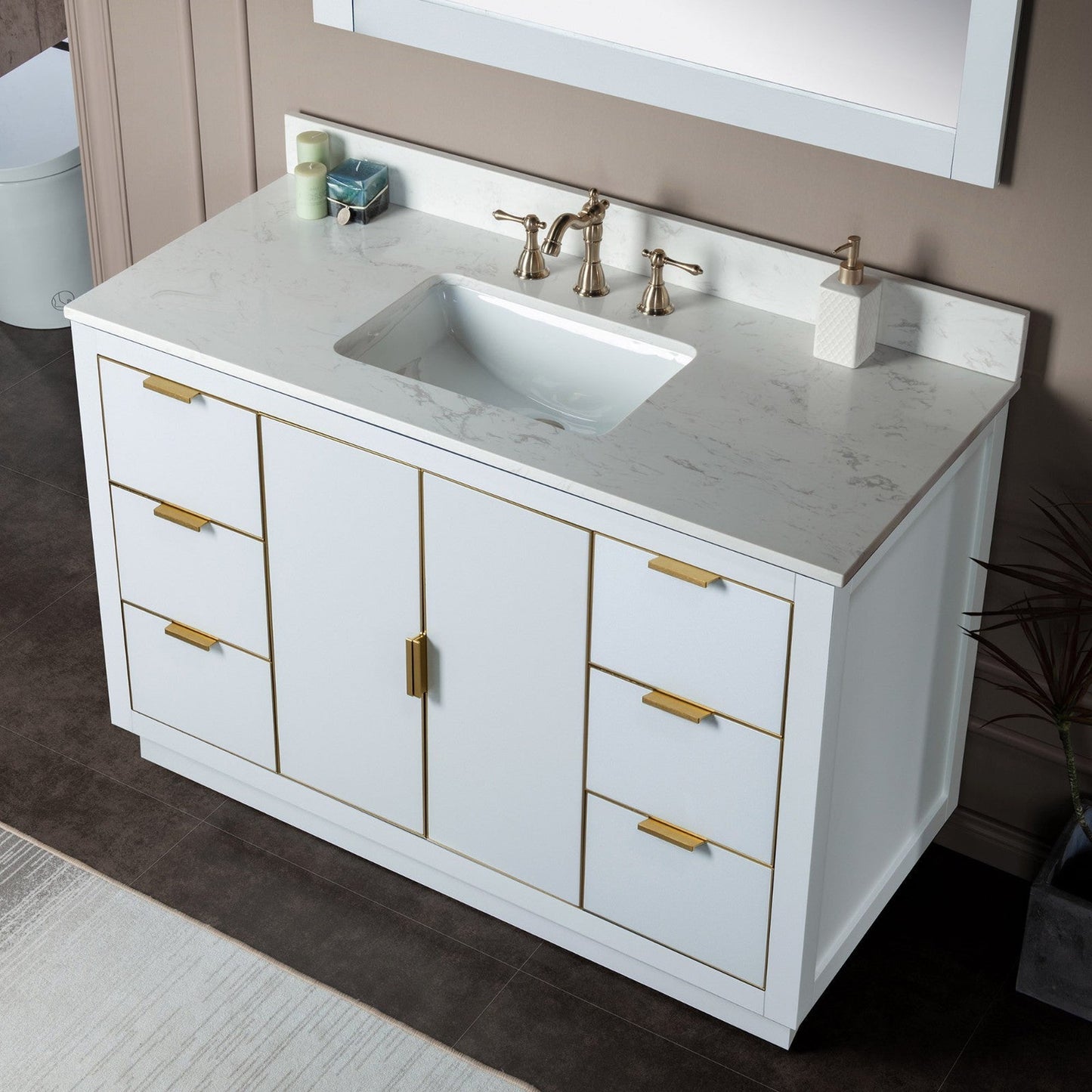 Woodbridge Venice 48" White and Gold Trim Solid Wood Vanity Base and Carrara White Engineered Stone Top With 3 Pre-drilled Holes for 8" Widespread Faucet