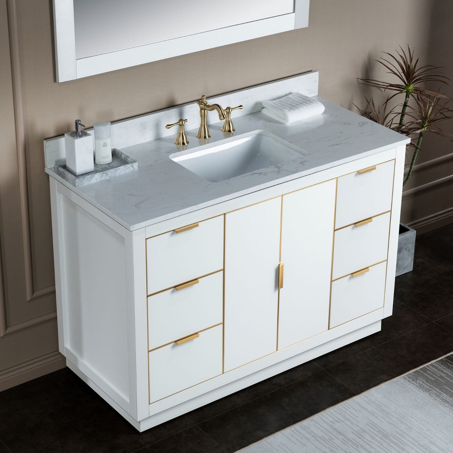 Woodbridge Venice 48" White and Gold Trim Solid Wood Vanity Base and Carrara White Engineered Stone Top With 3 Pre-drilled Holes for 8" Widespread Faucet