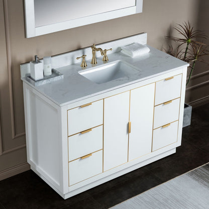 Woodbridge Venice 48" White and Gold Trim Solid Wood Vanity Base and Carrara White Engineered Stone Top With 3 Pre-drilled Holes for 8" Widespread Faucet