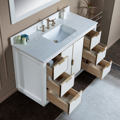 Woodbridge Venice 48" White and Gold Trim Solid Wood Vanity Base and Carrara White Engineered Stone Top With 3 Pre-drilled Holes for 8" Widespread Faucet