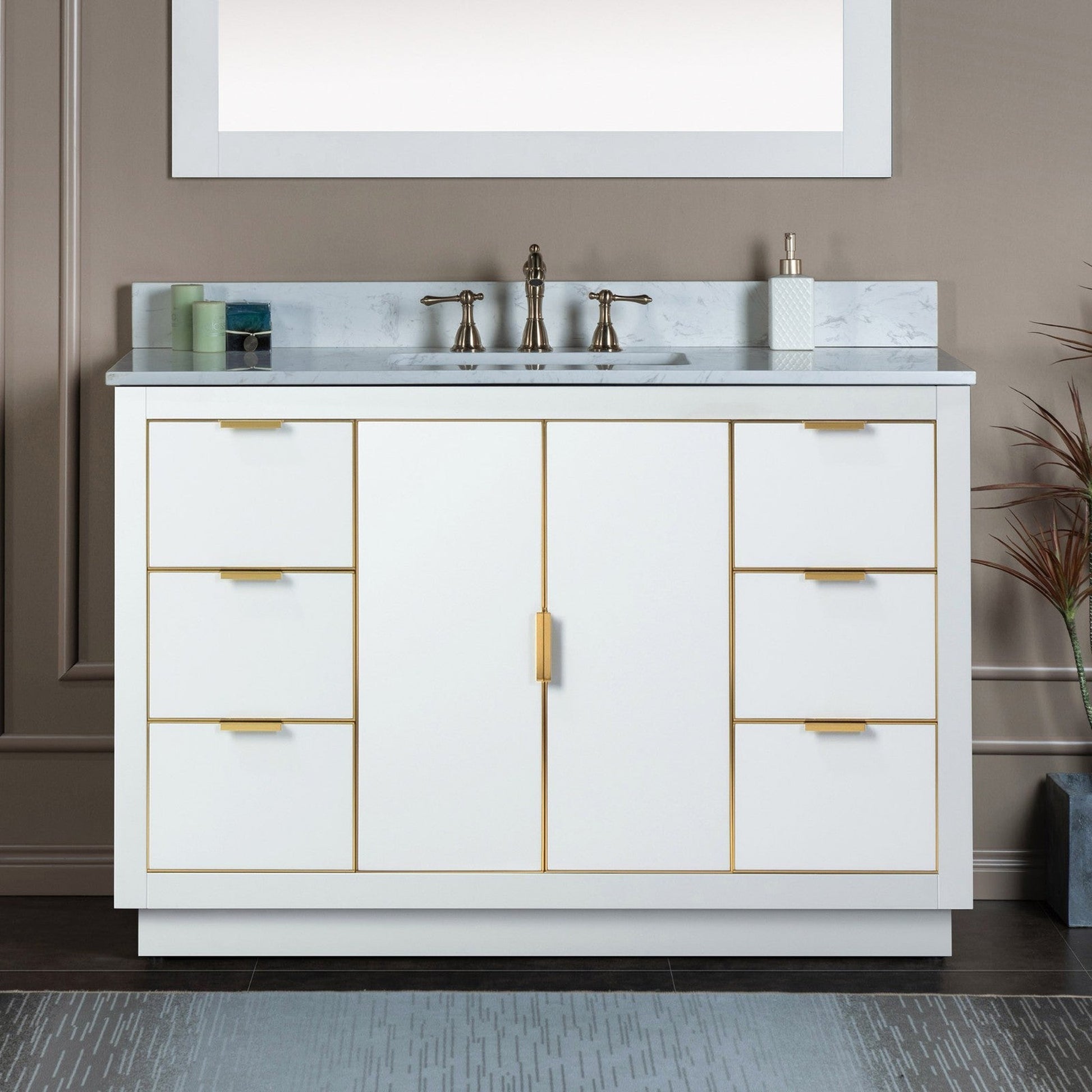 Woodbridge Venice 48" White and Gold Trim Solid Wood Vanity Base and Carrara White Engineered Stone Top With 3 Pre-drilled Holes for 8" Widespread Faucet