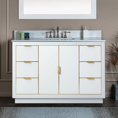 Woodbridge Venice 48" White and Gold Trim Solid Wood Vanity Base and Carrara White Engineered Stone Top With 3 Pre-drilled Holes for 8" Widespread Faucet