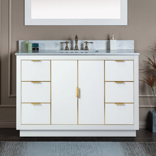 Woodbridge Venice 48" White and Gold Trim Solid Wood Vanity Base and Carrara White Engineered Stone Top With 3 Pre-drilled Holes for 8" Widespread Faucet