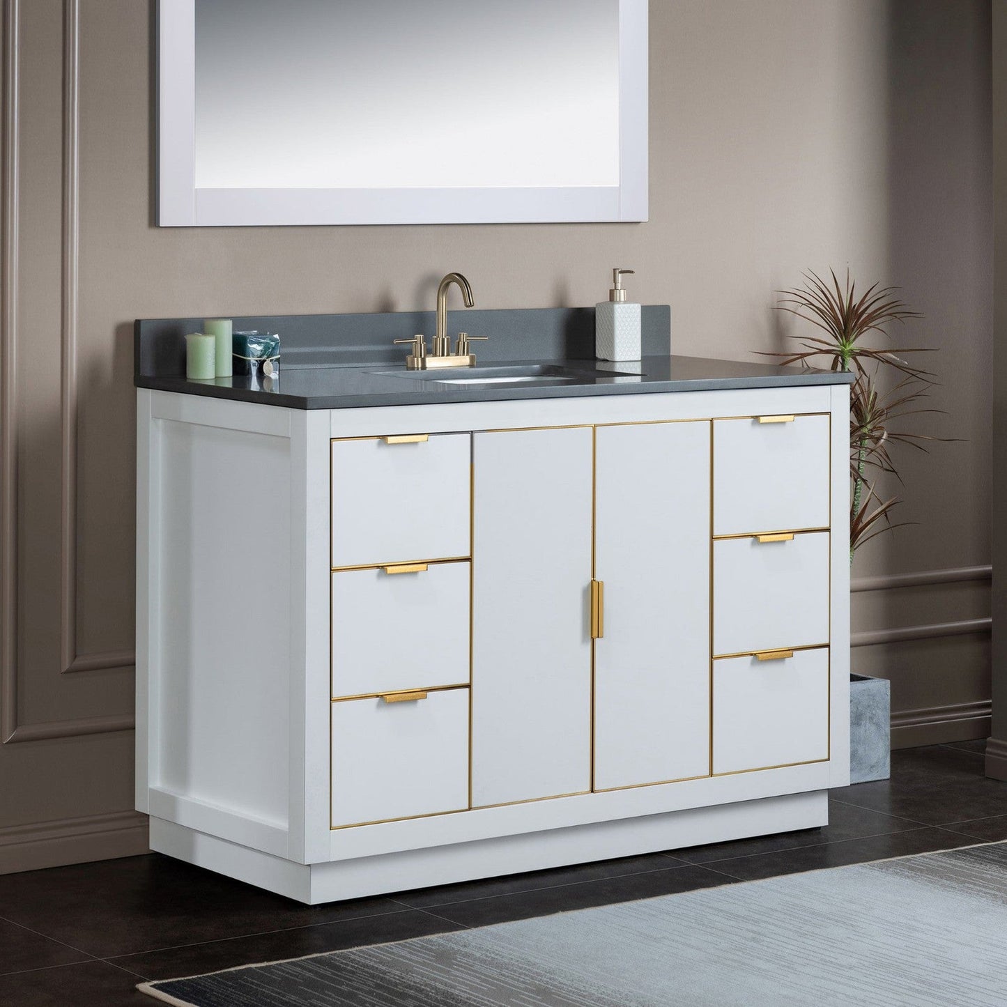Woodbridge Venice 48" White and Gold Trim Solid Wood Vanity Base and Dark Gray Engineered Stone Composite Top With 3 Pre-Drilled Holes for 4" Centerset Faucet