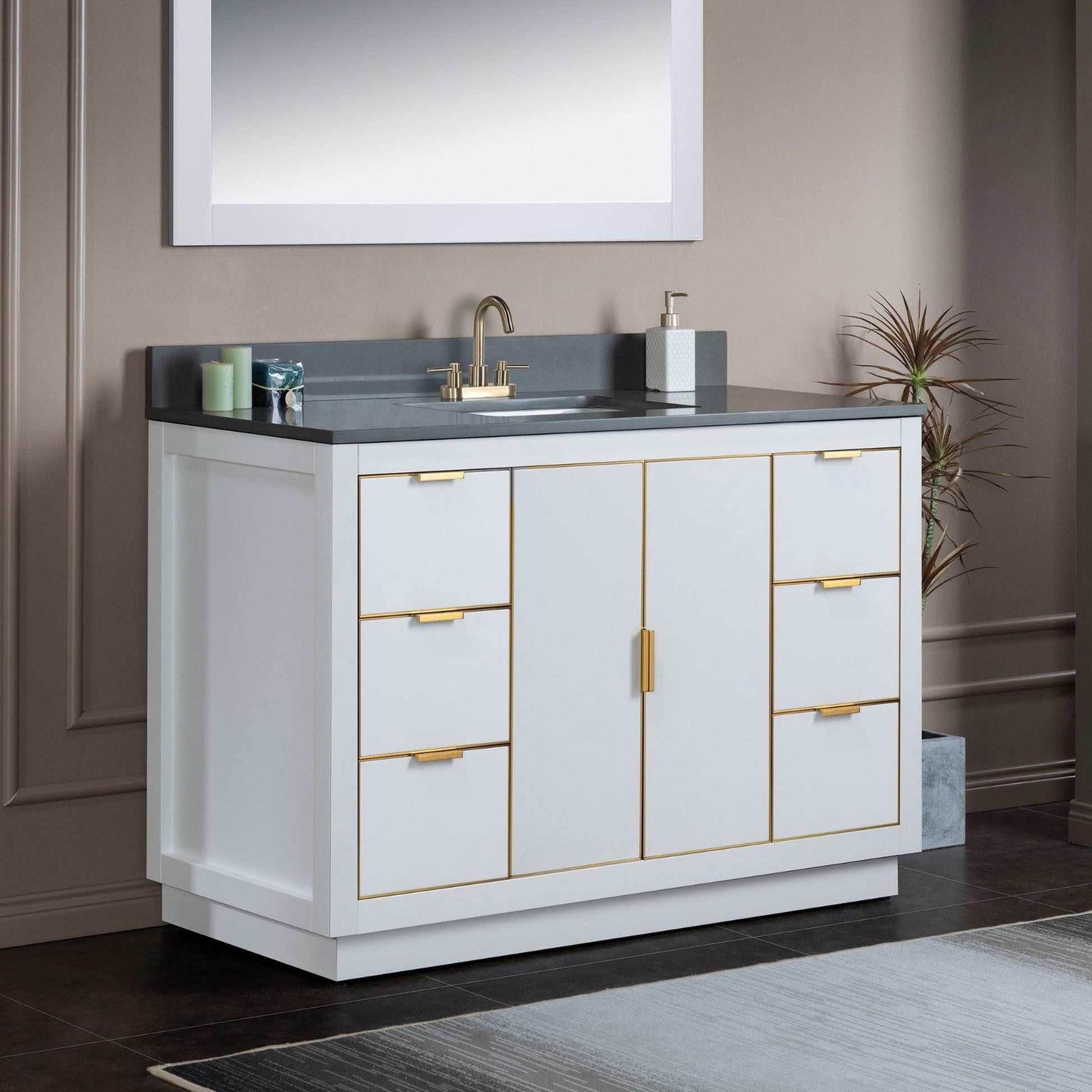 Woodbridge Venice 48" White and Gold Trim Solid Wood Vanity Base and Dark Gray Engineered Stone Composite Top With 3 Pre-Drilled Holes for 4" Centerset Faucet