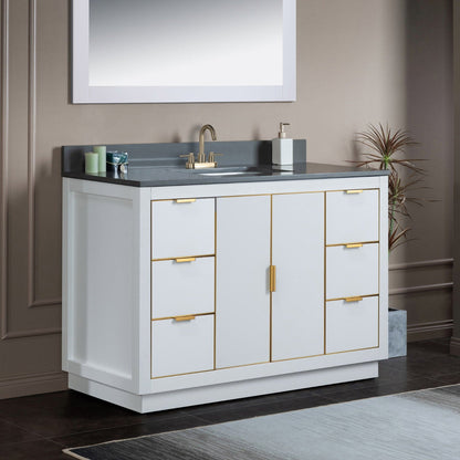 Woodbridge Venice 48" White and Gold Trim Solid Wood Vanity Base and Dark Gray Engineered Stone Composite Top With 3 Pre-Drilled Holes for 4" Centerset Faucet