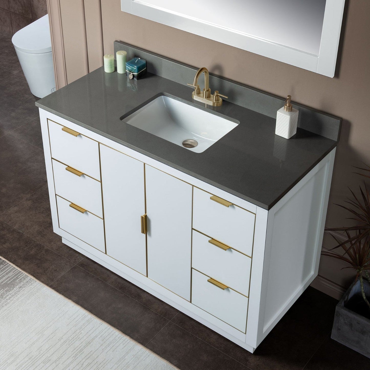 Woodbridge Venice 48" White and Gold Trim Solid Wood Vanity Base and Dark Gray Engineered Stone Composite Top With 3 Pre-Drilled Holes for 4" Centerset Faucet