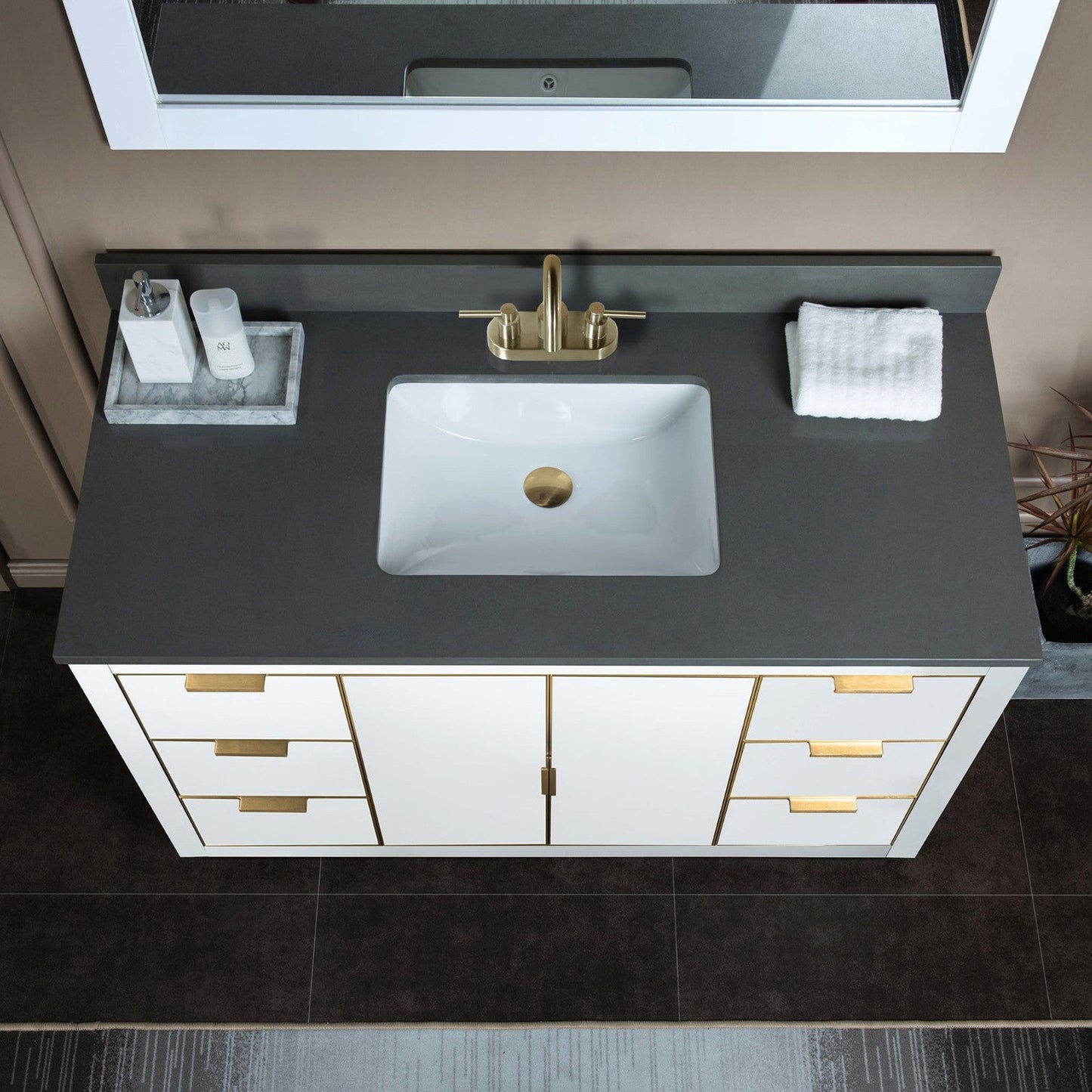 Woodbridge Venice 48" White and Gold Trim Solid Wood Vanity Base and Dark Gray Engineered Stone Composite Top With 3 Pre-Drilled Holes for 4" Centerset Faucet