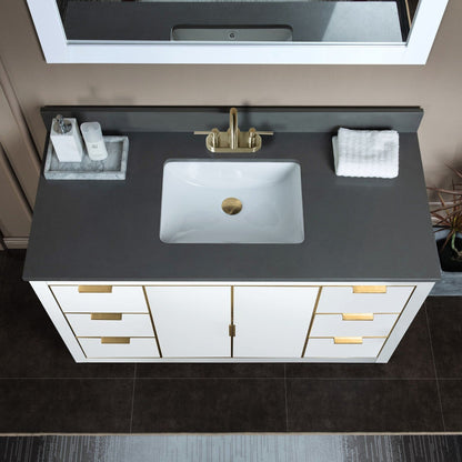 Woodbridge Venice 48" White and Gold Trim Solid Wood Vanity Base and Dark Gray Engineered Stone Composite Top With 3 Pre-Drilled Holes for 4" Centerset Faucet