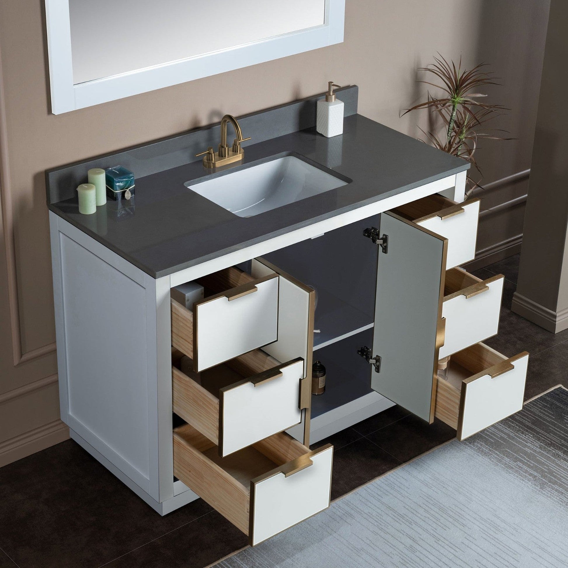 Woodbridge Venice 48" White and Gold Trim Solid Wood Vanity Base and Dark Gray Engineered Stone Composite Top With 3 Pre-Drilled Holes for 4" Centerset Faucet