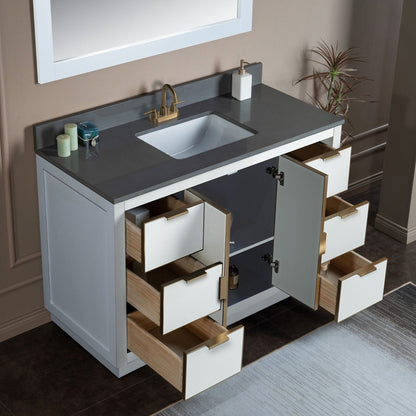 Woodbridge Venice 48" White and Gold Trim Solid Wood Vanity Base and Dark Gray Engineered Stone Composite Top With 3 Pre-Drilled Holes for 4" Centerset Faucet