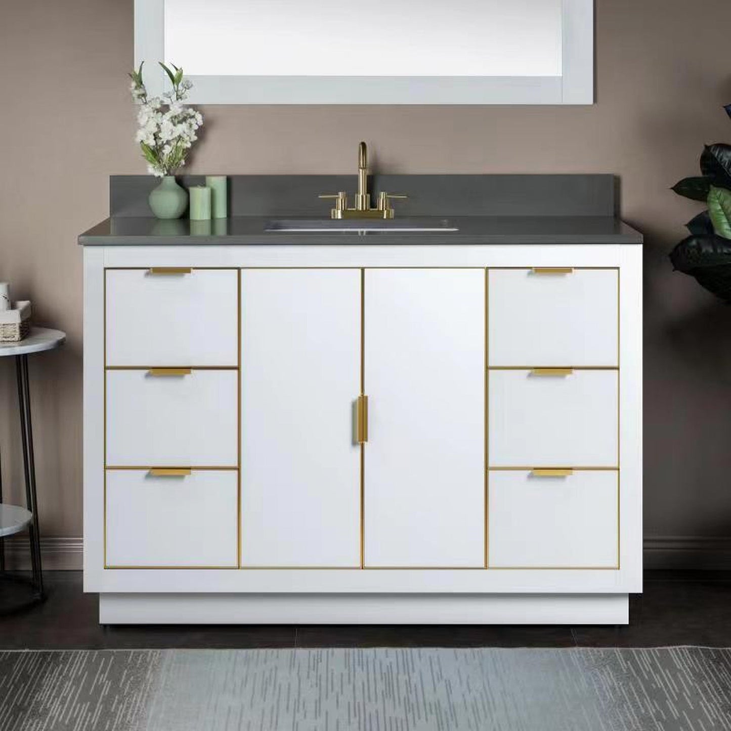 Woodbridge Venice 48" White and Gold Trim Solid Wood Vanity Base and Dark Gray Engineered Stone Composite Top With 3 Pre-Drilled Holes for 4" Centerset Faucet
