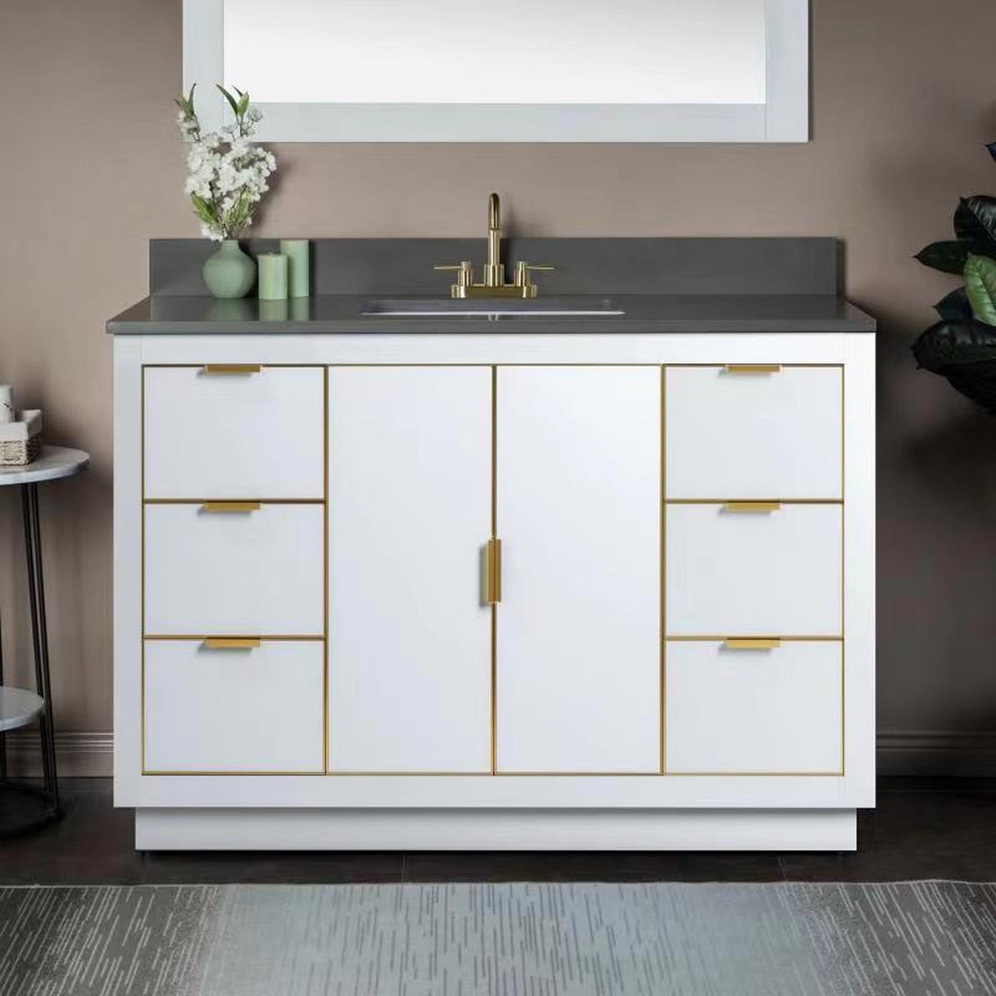 Woodbridge Venice 48" White and Gold Trim Solid Wood Vanity Base and Dark Gray Engineered Stone Composite Top With 3 Pre-Drilled Holes for 4" Centerset Faucet
