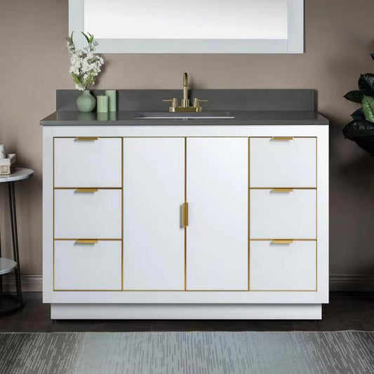 Woodbridge Venice 48" White and Gold Trim Solid Wood Vanity Base and Dark Gray Engineered Stone Composite Top With 3 Pre-Drilled Holes for 4" Centerset Faucet