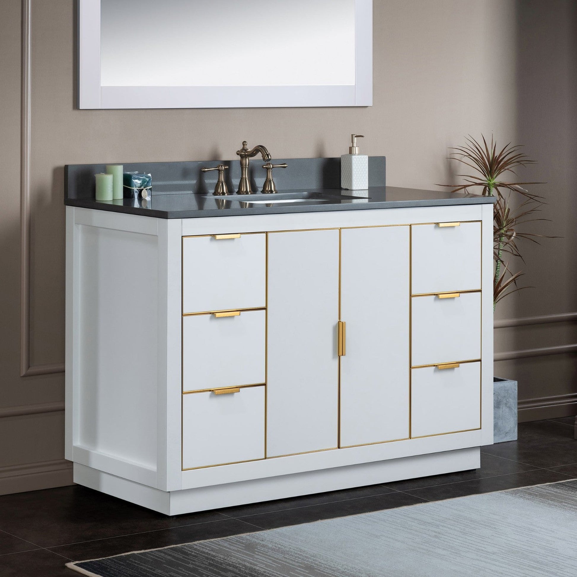 Woodbridge Venice 48" White and Gold Trim Solid Wood Vanity Base and Dark Gray Engineered Stone Composite Top With 3 Pre-drilled Holes for 8" Widespread Faucet