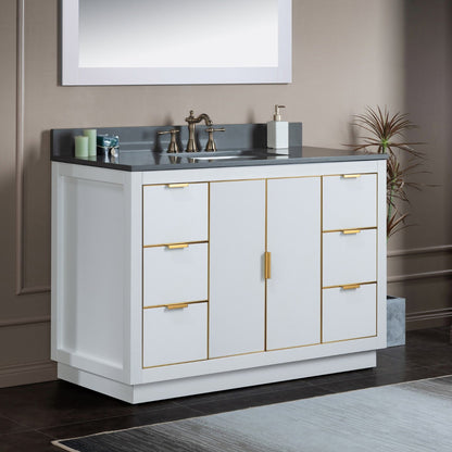 Woodbridge Venice 48" White and Gold Trim Solid Wood Vanity Base and Dark Gray Engineered Stone Composite Top With 3 Pre-drilled Holes for 8" Widespread Faucet