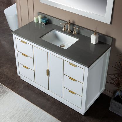 Woodbridge Venice 48" White and Gold Trim Solid Wood Vanity Base and Dark Gray Engineered Stone Composite Top With 3 Pre-drilled Holes for 8" Widespread Faucet