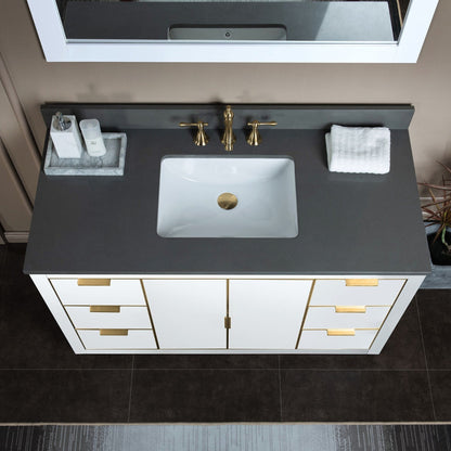 Woodbridge Venice 48" White and Gold Trim Solid Wood Vanity Base and Dark Gray Engineered Stone Composite Top With 3 Pre-drilled Holes for 8" Widespread Faucet