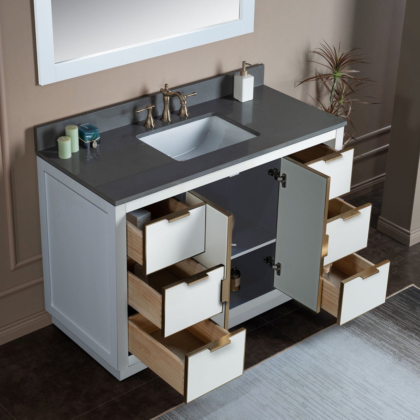 Woodbridge Venice 48" White and Gold Trim Solid Wood Vanity Base and Dark Gray Engineered Stone Composite Top With 3 Pre-drilled Holes for 8" Widespread Faucet