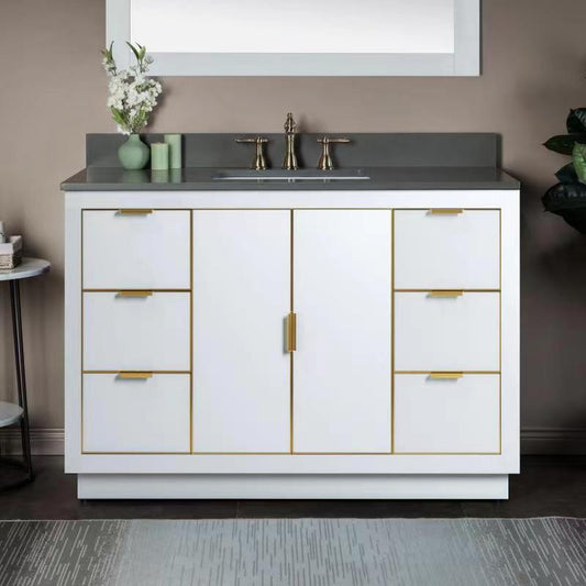 Woodbridge Venice 48" White and Gold Trim Solid Wood Vanity Base and Dark Gray Engineered Stone Composite Top With 3 Pre-drilled Holes for 8" Widespread Faucet