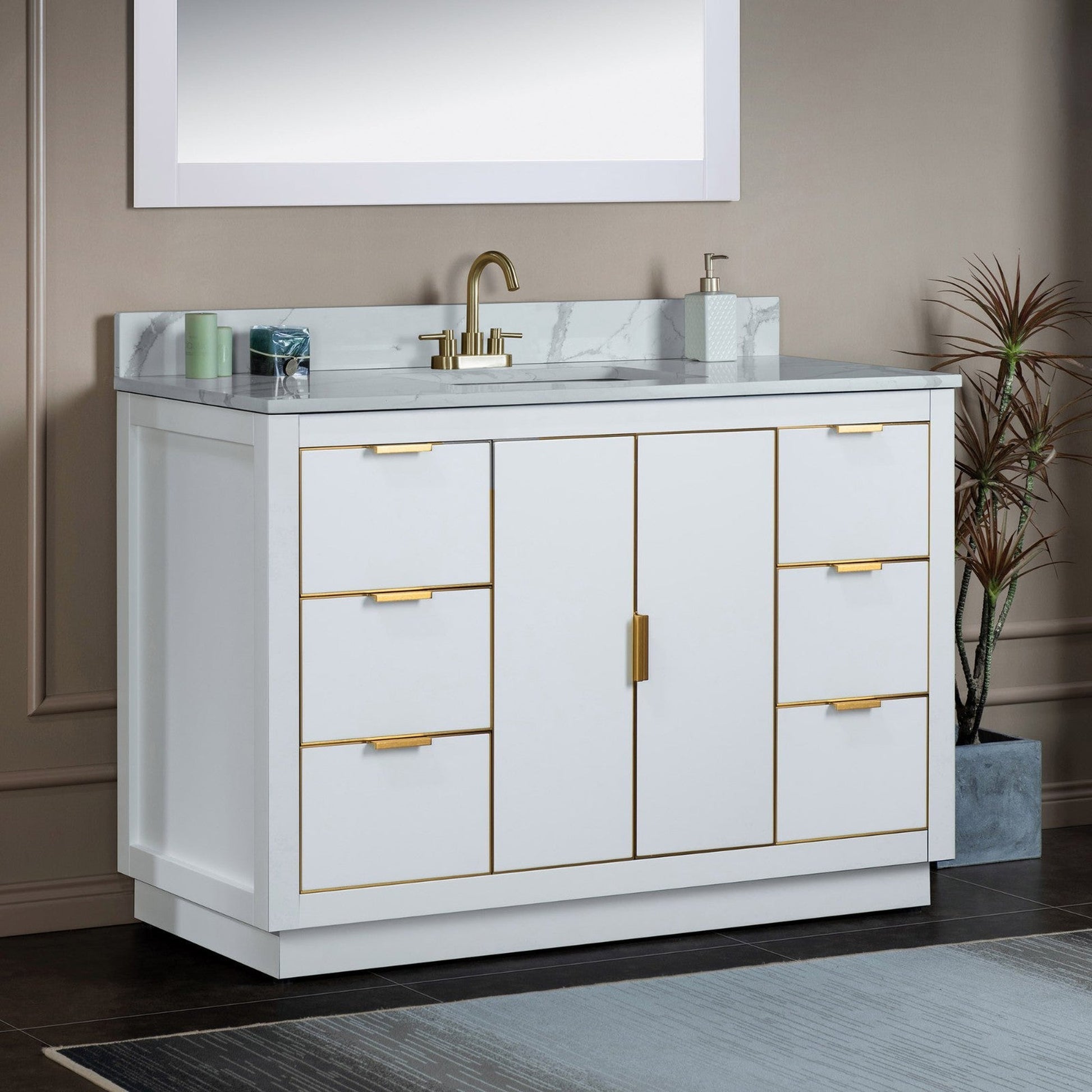 Woodbridge Venice 48" White and Gold Trim Solid Wood Vanity Base and Fish Belly White Engineered Stone Composite Top With 3 Pre-Drilled Holes for 4" Centerset Faucet
