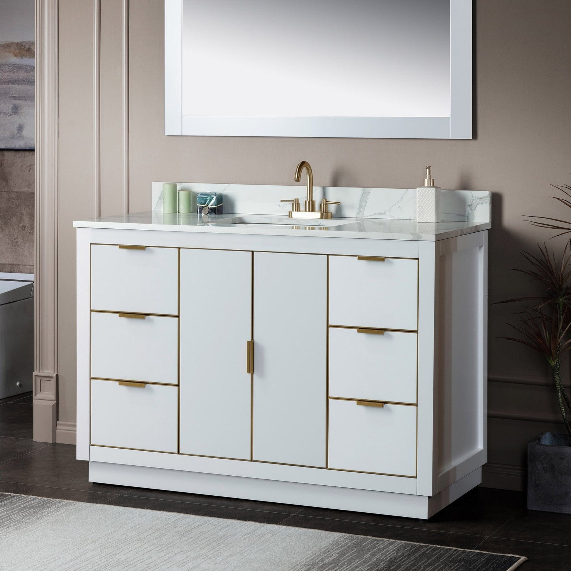 Woodbridge Venice 48" White and Gold Trim Solid Wood Vanity Base and Fish Belly White Engineered Stone Composite Top With 3 Pre-Drilled Holes for 4" Centerset Faucet