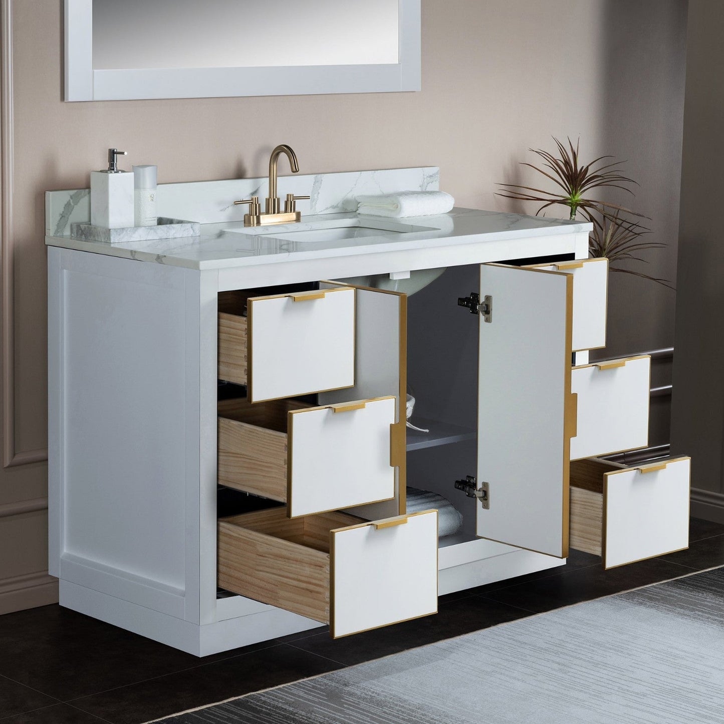 Woodbridge Venice 48" White and Gold Trim Solid Wood Vanity Base and Fish Belly White Engineered Stone Composite Top With 3 Pre-Drilled Holes for 4" Centerset Faucet