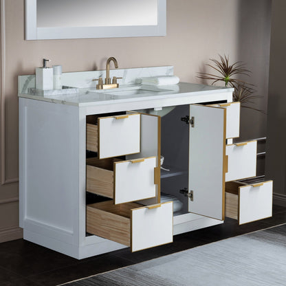 Woodbridge Venice 48" White and Gold Trim Solid Wood Vanity Base and Fish Belly White Engineered Stone Composite Top With 3 Pre-Drilled Holes for 4" Centerset Faucet