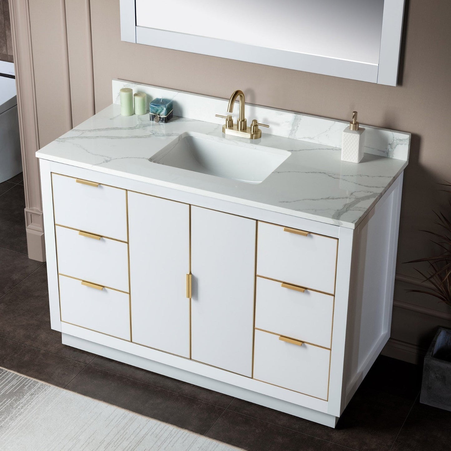 Woodbridge Venice 48" White and Gold Trim Solid Wood Vanity Base and Fish Belly White Engineered Stone Composite Top With 3 Pre-Drilled Holes for 4" Centerset Faucet