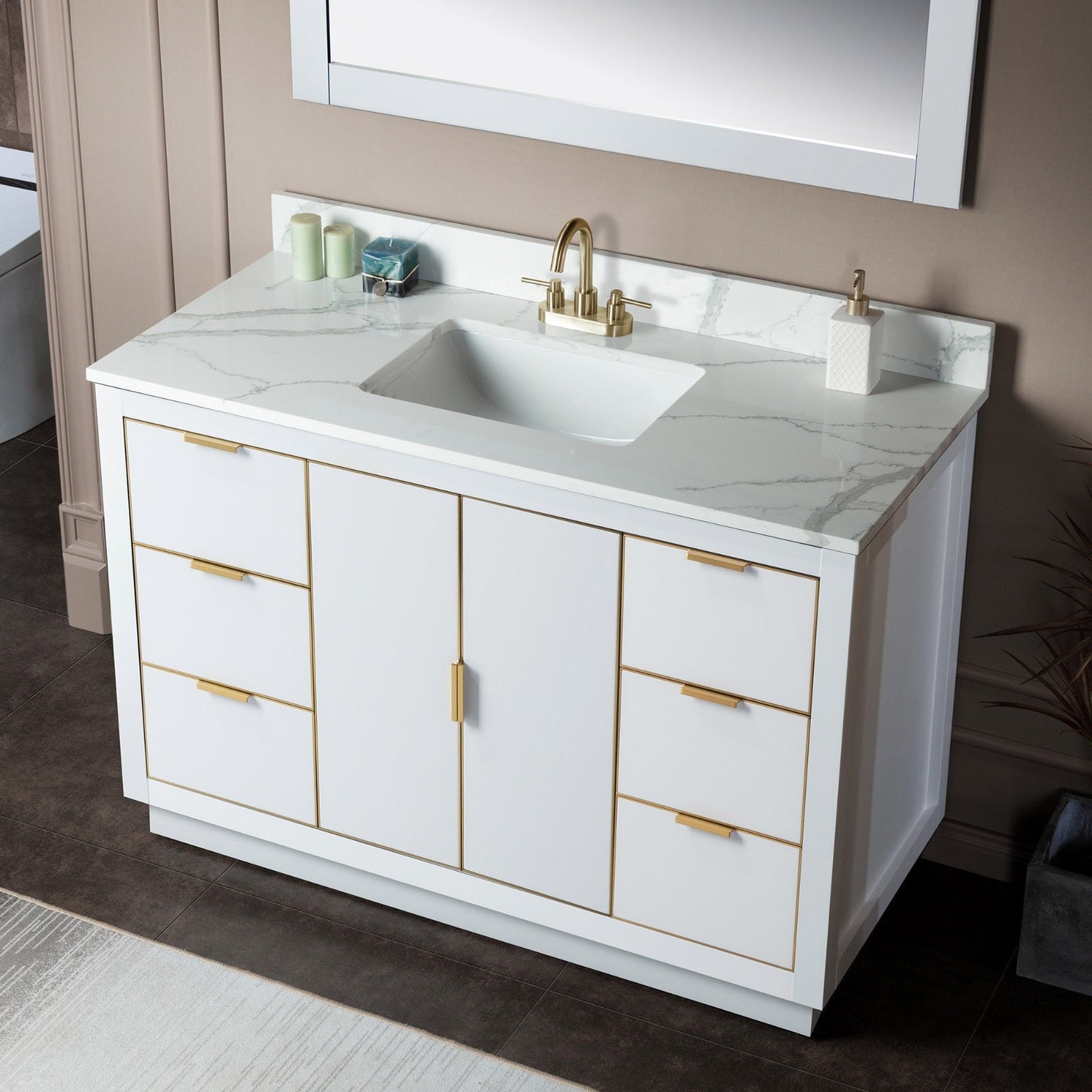 Woodbridge Venice 48" White and Gold Trim Solid Wood Vanity Base and Fish Belly White Engineered Stone Composite Top With 3 Pre-Drilled Holes for 4" Centerset Faucet