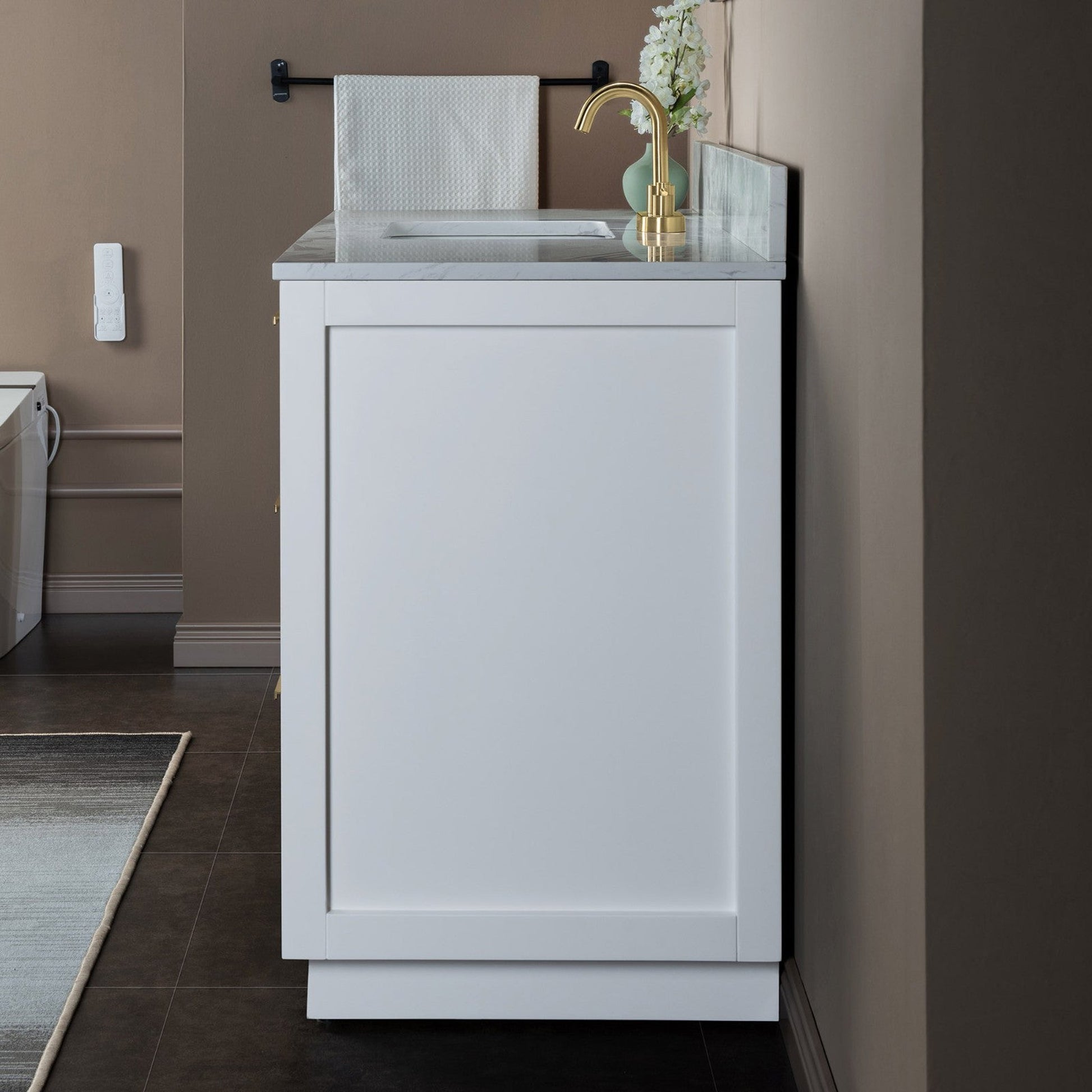 Woodbridge Venice 48" White and Gold Trim Solid Wood Vanity Base and Fish Belly White Engineered Stone Composite Top With 3 Pre-Drilled Holes for 4" Centerset Faucet