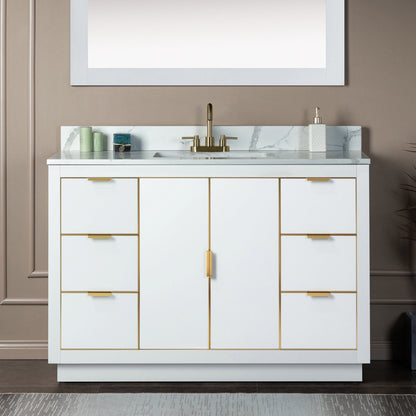 Woodbridge Venice 48" White and Gold Trim Solid Wood Vanity Base and Fish Belly White Engineered Stone Composite Top With 3 Pre-Drilled Holes for 4" Centerset Faucet
