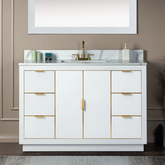 Woodbridge Venice 48" White and Gold Trim Solid Wood Vanity Base and Fish Belly White Engineered Stone Composite Top With 3 Pre-Drilled Holes for 4" Centerset Faucet