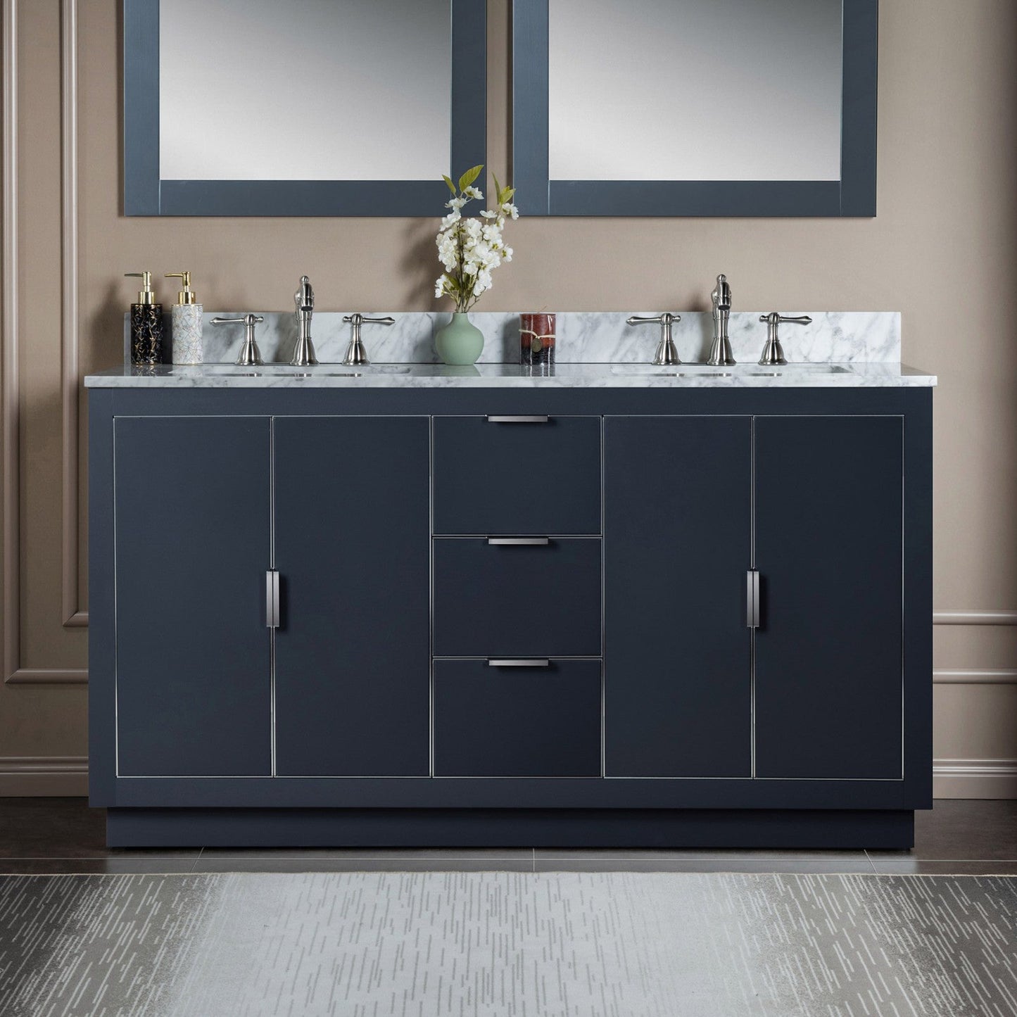 Woodbridge Venice 61" Gray With Brushed Nickel Trim Solid Wood Vanity Base and Carrara Marble Top With 3 Pre-drilled Holes for 8" Widespread Faucet