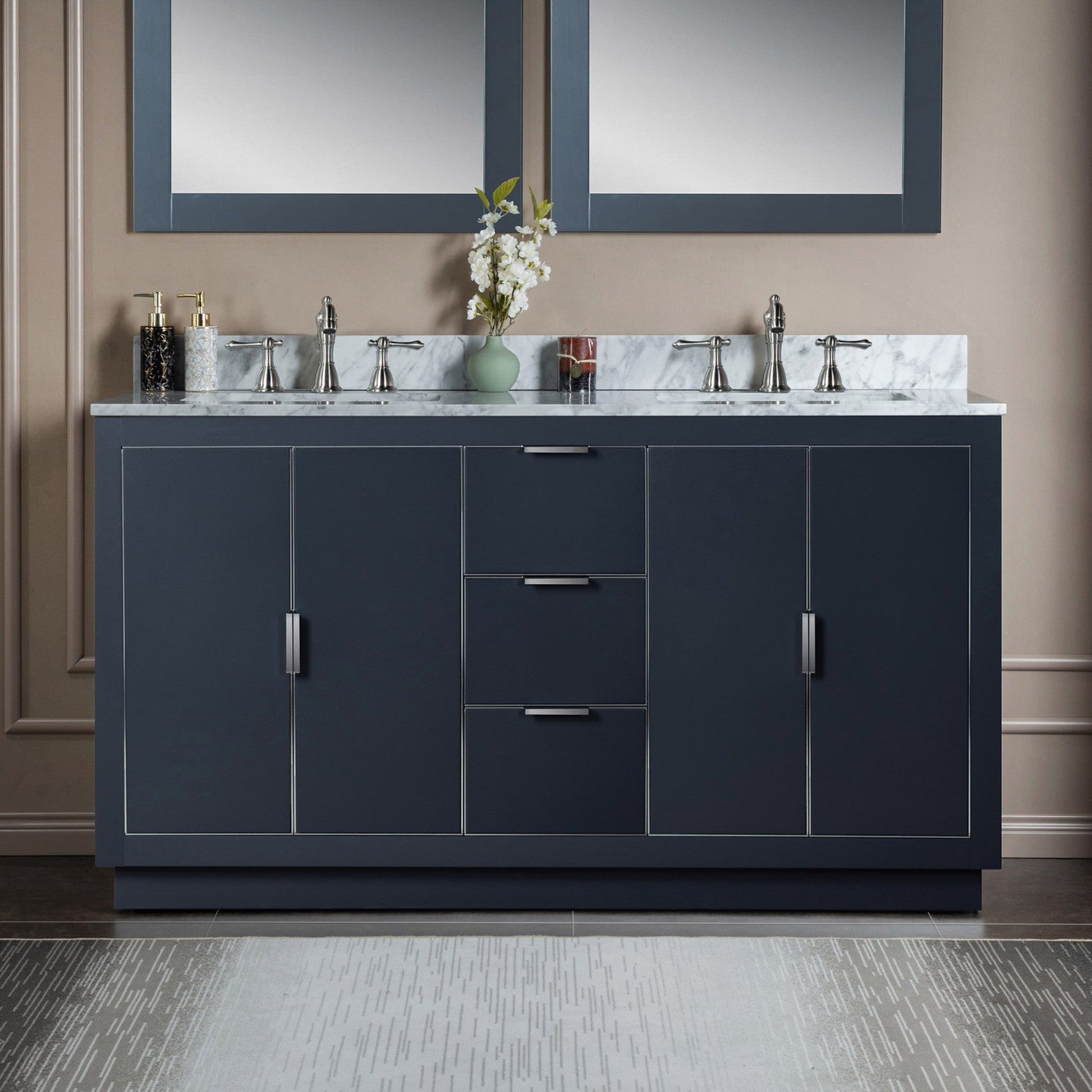 Woodbridge Venice 61" Gray With Brushed Nickel Trim Solid Wood Vanity Base and Carrara Marble Top With 3 Pre-drilled Holes for 8" Widespread Faucet