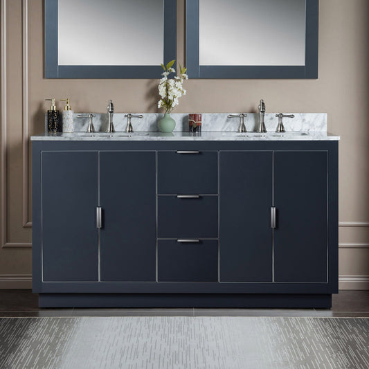 Woodbridge Venice 61" Gray With Brushed Nickel Trim Solid Wood Vanity Base and Carrara Marble Top With 3 Pre-drilled Holes for 8" Widespread Faucet