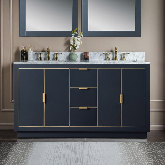 Woodbridge Venice 61" Gray With Gold Trim Solid Wood Vanity Base and Carrara Marble Top With 3 Pre-drilled Holes for 8" Widespread Faucet