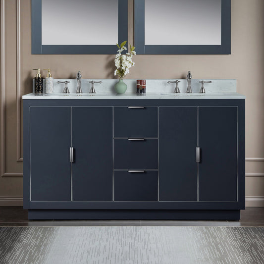 Woodbridge Venice 61" Gray and Brushed Nickel Trim Solid Wood Vanity Base and Carrara White Engineered Stone Top With 3 Pre-drilled Holes for 8" Widespread Faucet
