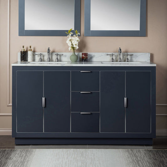 Woodbridge Venice 61" Gray and Brushed Nickel Trim Solid Wood Vanity Base and Fish Belly White Engineered Stone Composite Top With 3 Pre-drilled Holes for 8" Widespread Faucet