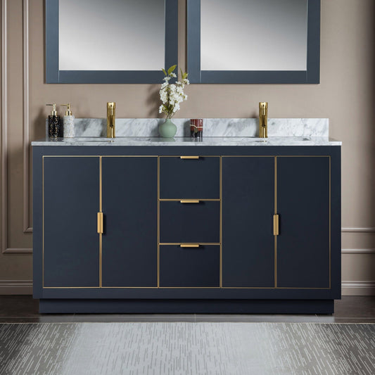 Woodbridge Venice 61" Gray and Gold Trim Solid Wood Vanity Base and Carrara Marble Top With Pre-Drilled Single Hole Faucet